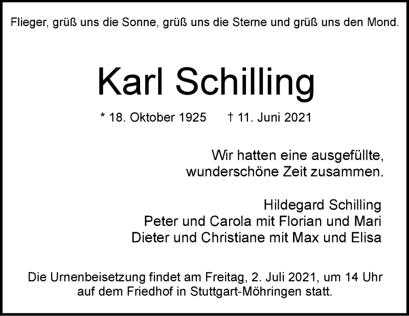  Traueranzeige für Karl Schilling vom 19.06.2021 aus Stuttgarter Zeitung / Stuttgarter Nachrichten