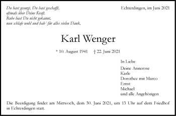 Traueranzeige von Karl Wengen von Stuttgarter Zeitung / Stuttgarter Nachrichten