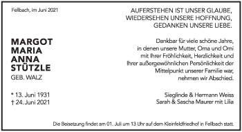 Traueranzeige von Margot Maria Anna Stützle von Stuttgarter Zeitung / Stuttgarter Nachrichten