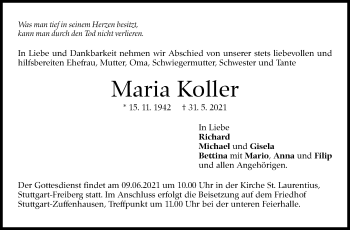 Traueranzeige von Maria Koller von Stuttgarter Zeitung / Stuttgarter Nachrichten