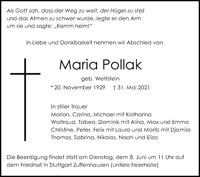  Traueranzeige für Maria Pollak vom 04.06.2021 aus Stuttgarter Zeitung / Stuttgarter Nachrichten