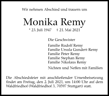 Traueranzeige von Monika Remy von Stuttgarter Zeitung / Stuttgarter Nachrichten