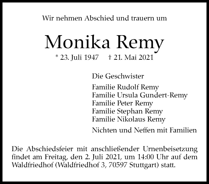  Traueranzeige für Monika Remy vom 19.06.2021 aus Stuttgarter Zeitung / Stuttgarter Nachrichten