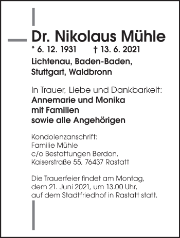 Traueranzeige von Nikolaus Mühle von Stuttgarter Zeitung / Stuttgarter Nachrichten