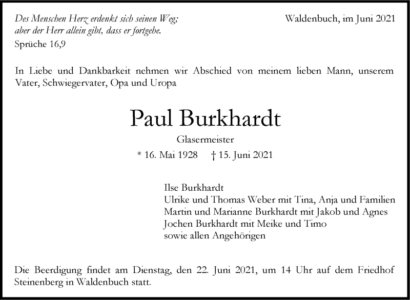  Traueranzeige für Paul Burkhardt vom 19.06.2021 aus Stuttgarter Zeitung / Stuttgarter Nachrichten