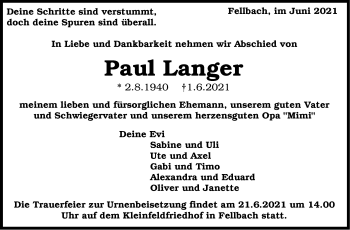 Traueranzeige von Paul Langer von Stuttgarter Zeitung / Stuttgarter Nachrichten