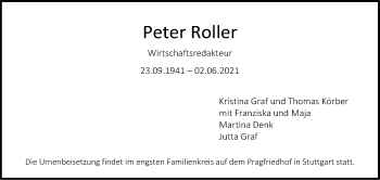 Traueranzeige von Peter Roller von Stuttgarter Zeitung / Stuttgarter Nachrichten