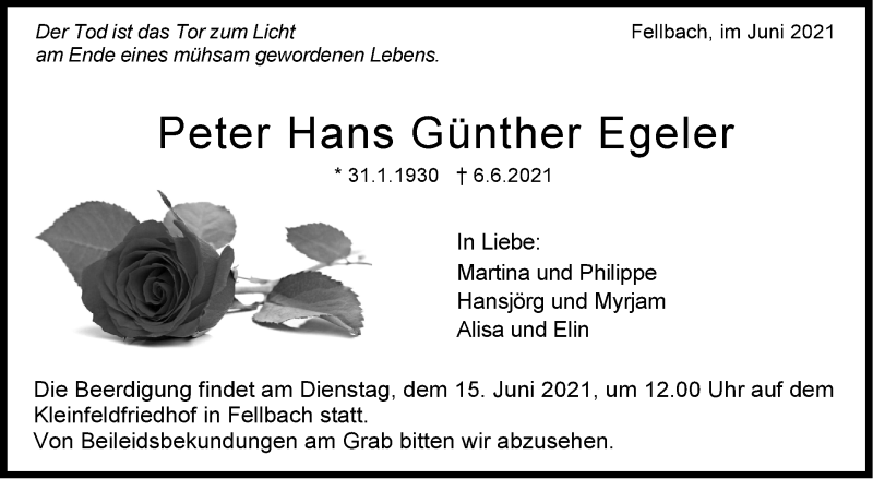  Traueranzeige für Peter Hans Günther Egeler vom 12.06.2021 aus Stuttgarter Zeitung / Stuttgarter Nachrichten