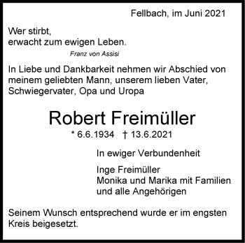 Traueranzeige von Robert Freimüller von Stuttgarter Zeitung / Stuttgarter Nachrichten