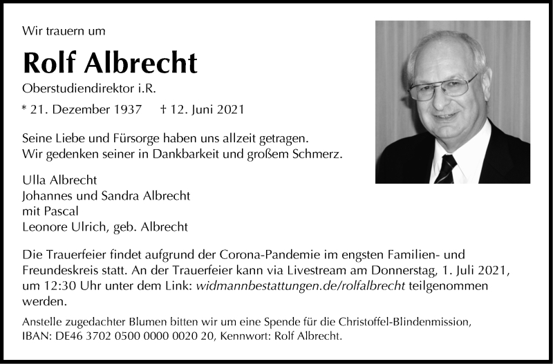  Traueranzeige für Rolf Albrecht vom 19.06.2021 aus Stuttgarter Zeitung / Stuttgarter Nachrichten