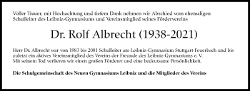 Traueranzeige von Rolf Albrecht von Stuttgarter Zeitung / Stuttgarter Nachrichten