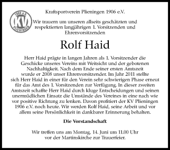 Traueranzeige von Rolf Haid von Stuttgarter Zeitung / Stuttgarter Nachrichten