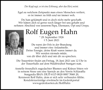 Traueranzeige von Rolf Eugen Hahn von Stuttgarter Zeitung / Stuttgarter Nachrichten