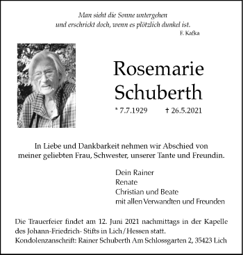 Traueranzeige von Rosemarie Schuberth von Stuttgarter Zeitung / Stuttgarter Nachrichten