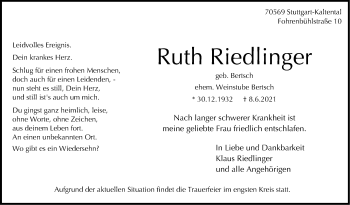Traueranzeige von Ruth Riedlinger von Stuttgarter Zeitung / Stuttgarter Nachrichten