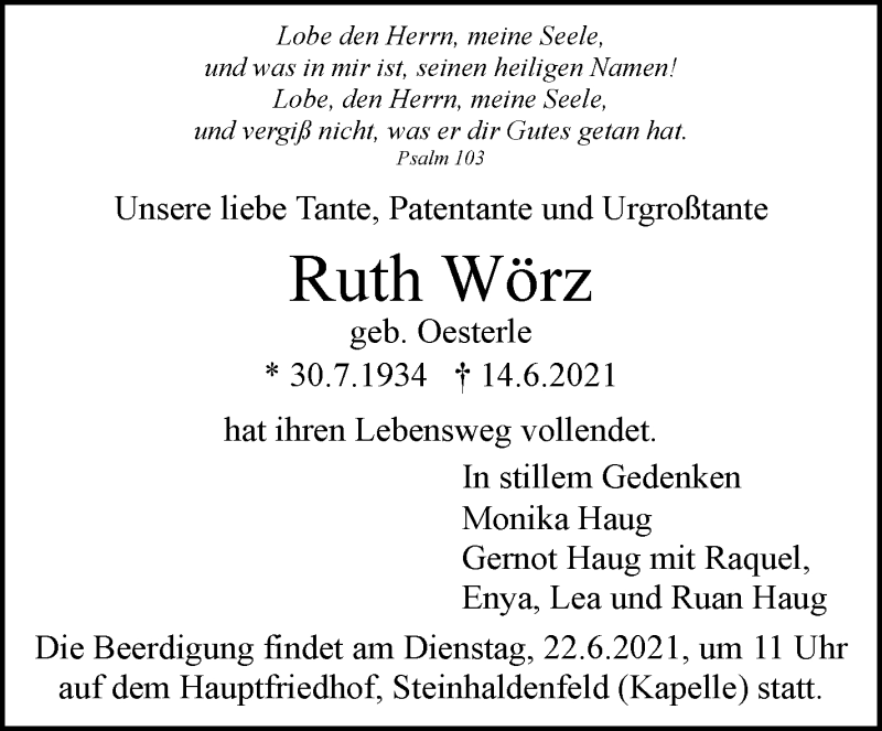  Traueranzeige für Ruth Wörz vom 18.06.2021 aus Stuttgarter Zeitung / Stuttgarter Nachrichten