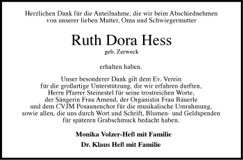 Traueranzeige von Ruth Dora Hess von Stuttgarter Zeitung / Stuttgarter Nachrichten