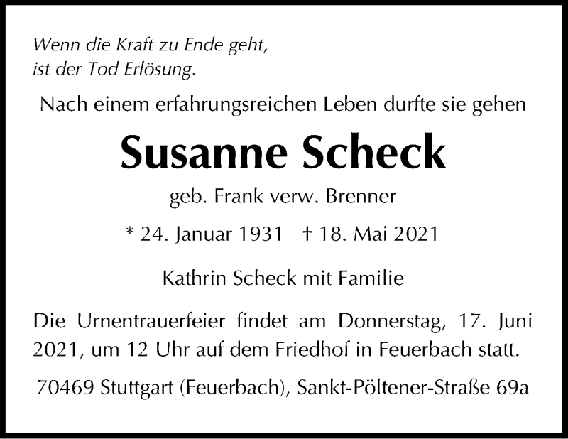  Traueranzeige für Susanne Scheck vom 12.06.2021 aus Stuttgarter Zeitung / Stuttgarter Nachrichten