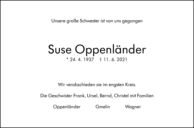  Traueranzeige für Suse Oppenländer vom 19.06.2021 aus Stuttgarter Zeitung / Stuttgarter Nachrichten