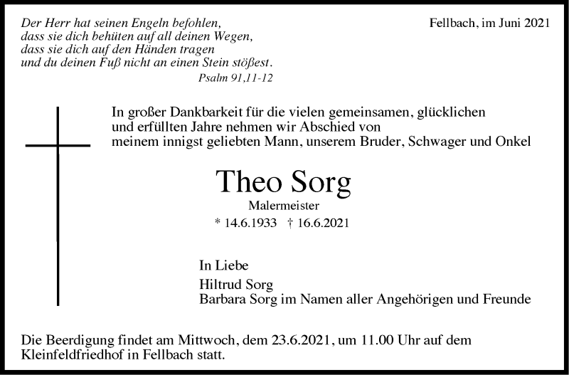  Traueranzeige für Theo Sorg vom 21.06.2021 aus Stuttgarter Zeitung / Stuttgarter Nachrichten