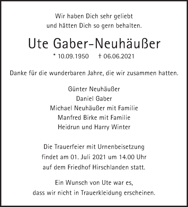 Traueranzeige für Ute Gaber-Neuhäußer vom 25.06.2021 aus Stuttgarter Zeitung / Stuttgarter Nachrichten