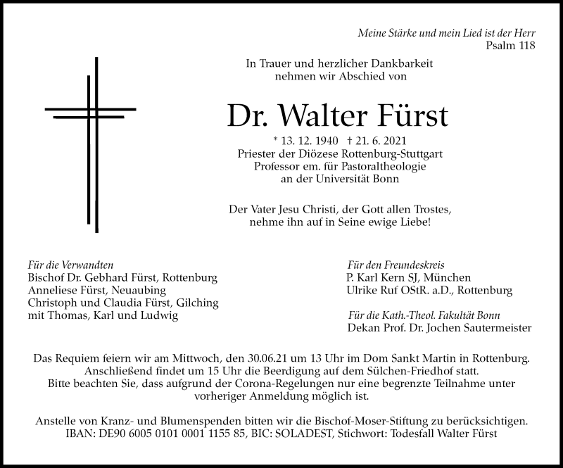  Traueranzeige für Walter Fürst vom 26.06.2021 aus Stuttgarter Zeitung / Stuttgarter Nachrichten