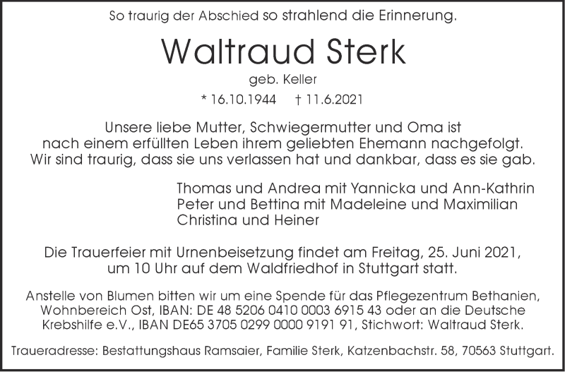  Traueranzeige für Waltraud Sterk vom 19.06.2021 aus Stuttgarter Zeitung / Stuttgarter Nachrichten