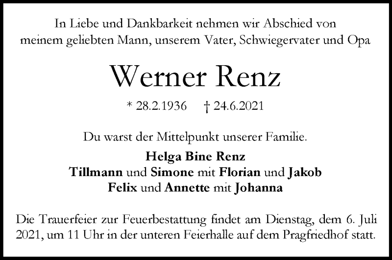  Traueranzeige für Werner Renz vom 29.06.2021 aus Stuttgarter Zeitung / Stuttgarter Nachrichten