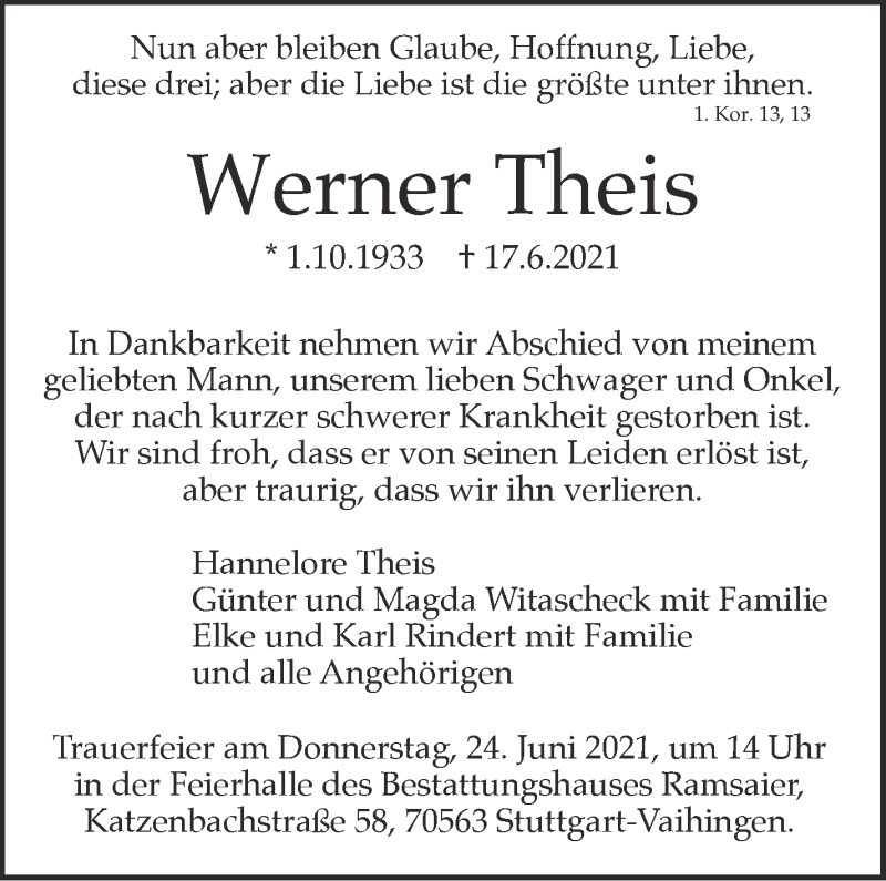  Traueranzeige für Werner Theis vom 22.06.2021 aus Stuttgarter Zeitung / Stuttgarter Nachrichten
