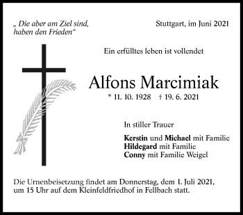 Traueranzeige von Alfons Marcimiak von Stuttgarter Zeitung / Stuttgarter Nachrichten