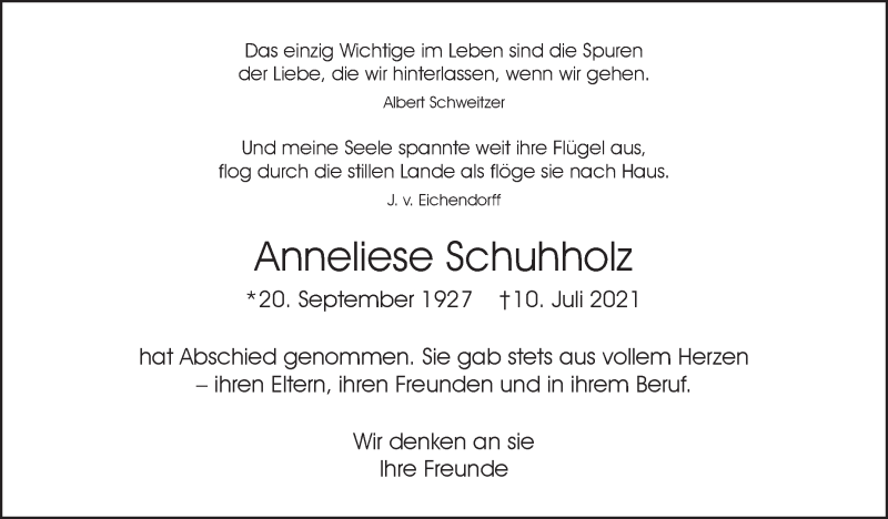  Traueranzeige für Anneliese Schuhholz vom 21.07.2021 aus Stuttgarter Zeitung / Stuttgarter Nachrichten