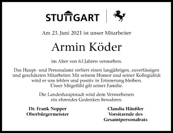 Traueranzeige von Armin Köder von Stuttgarter Zeitung / Stuttgarter Nachrichten