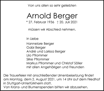 Traueranzeige von Arnold Berger von Stuttgarter Zeitung / Stuttgarter Nachrichten