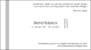 Traueranzeige von Bernd Bubeck von Stuttgarter Zeitung / Stuttgarter Nachrichten