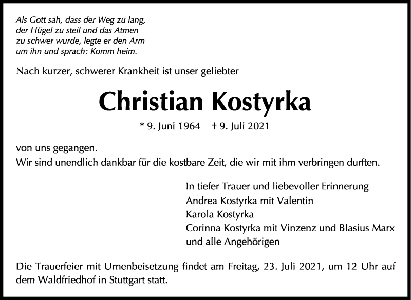  Traueranzeige für Christian Kostyrka vom 17.07.2021 aus Stuttgarter Zeitung / Stuttgarter Nachrichten