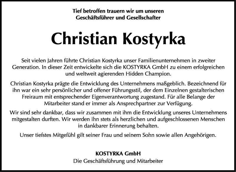  Traueranzeige für Christian Kostyrka vom 17.07.2021 aus Stuttgarter Zeitung / Stuttgarter Nachrichten