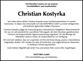 Traueranzeige von Christian Kostyrka von Stuttgarter Zeitung / Stuttgarter Nachrichten