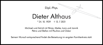 Traueranzeige von Dieter Althaus von Stuttgarter Zeitung / Stuttgarter Nachrichten