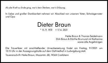 Traueranzeige von Dieter Braun von Stuttgarter Zeitung / Stuttgarter Nachrichten