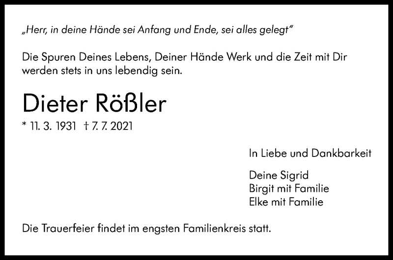  Traueranzeige für Dieter Rößler vom 17.07.2021 aus Stuttgarter Zeitung / Stuttgarter Nachrichten