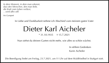 Traueranzeige von Dieter Karl Aicheler von Stuttgarter Zeitung / Stuttgarter Nachrichten