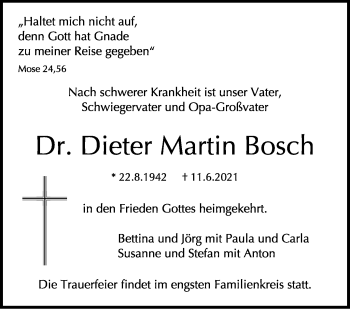 Traueranzeige von Dieter Martin Bosch von Stuttgarter Zeitung / Stuttgarter Nachrichten