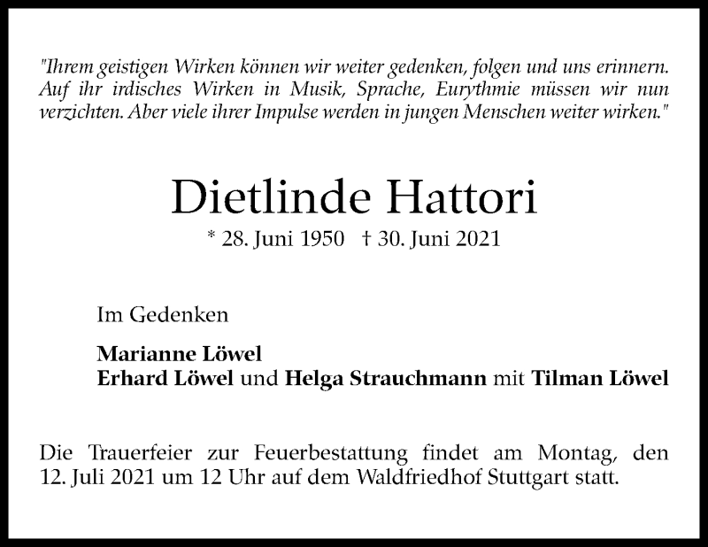  Traueranzeige für Dietlinde Hattori vom 10.07.2021 aus Stuttgarter Zeitung / Stuttgarter Nachrichten