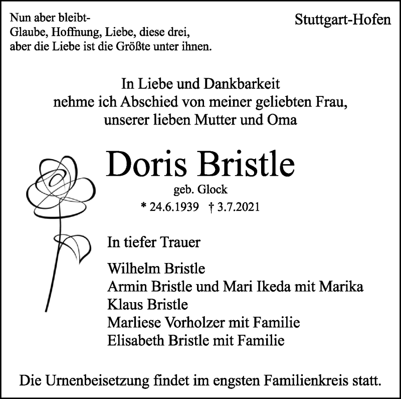  Traueranzeige für Doris Bristle vom 06.07.2021 aus Stuttgarter Zeitung / Stuttgarter Nachrichten