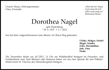 Traueranzeige von Dorothea Nagel von Stuttgarter Zeitung / Stuttgarter Nachrichten