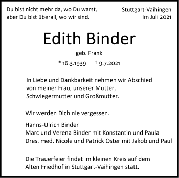 Traueranzeige von Edith Binder von Stuttgarter Zeitung / Stuttgarter Nachrichten