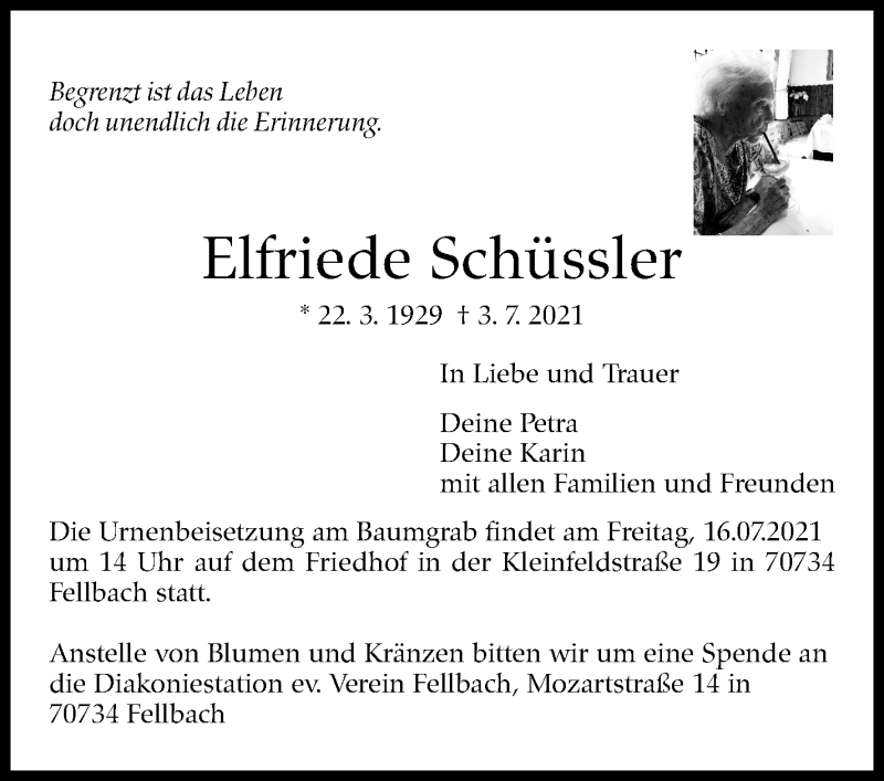  Traueranzeige für Elfriede Schüssler vom 10.07.2021 aus Stuttgarter Zeitung / Stuttgarter Nachrichten