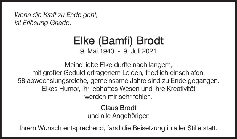  Traueranzeige für Elke Brodt vom 24.07.2021 aus Stuttgarter Zeitung / Stuttgarter Nachrichten