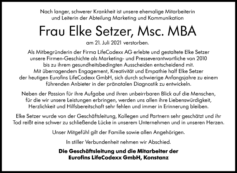  Traueranzeige für Elke Setzer vom 30.07.2021 aus Stuttgarter Zeitung / Stuttgarter Nachrichten