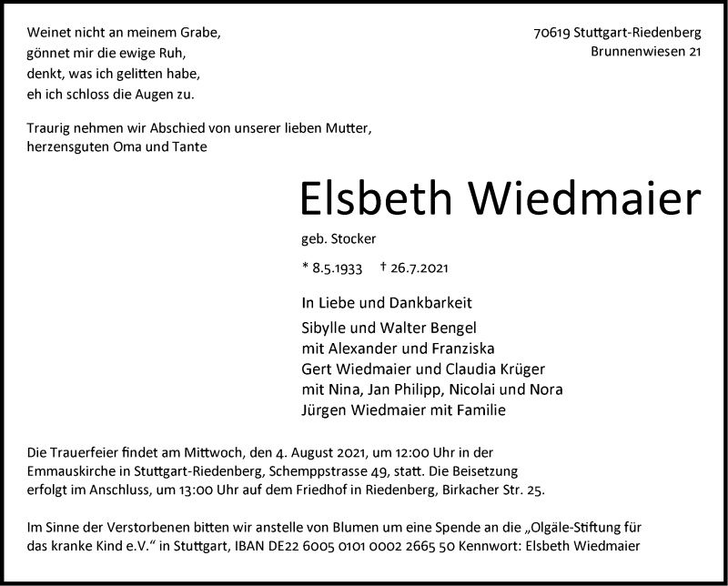  Traueranzeige für Elsbeth Wiedmaier vom 31.07.2021 aus Stuttgarter Zeitung / Stuttgarter Nachrichten